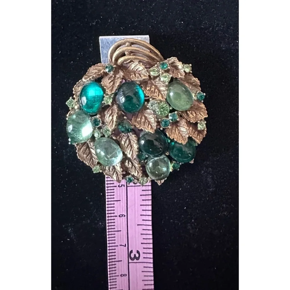 Vtg Arthur Pepper Brooch Pin Greens Cabochon Rhinestone Gold Leaves Gripoix RARE